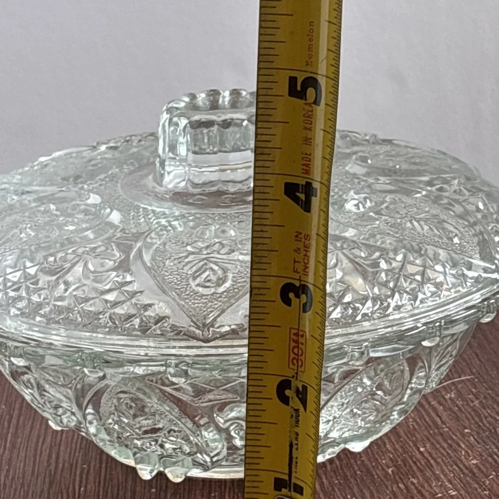 Vintage KIG Malaysia Candy Dish Clear Pressed Glass Hearts and Roses w/ Lid Chip